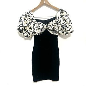 Gunne Sax Velvet Wiggle Dress Puff Sleeve 80s Black White Fits XS
